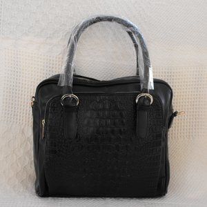 FRANKSTON HANDBAG, BLACK LEATHER, FAUX CROC, 12"